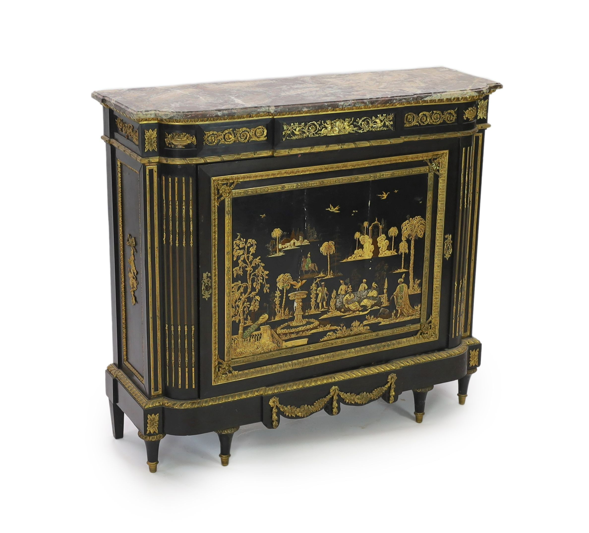 A 19th century French Louis XVI style ormolu mounted ebonised side cabinet, W.134cm D.46cm H.122cm